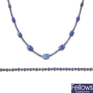 A 9ct gold sapphire necklace and bracelet.
