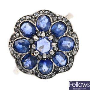 A sapphire and diamond floral cluster ring.