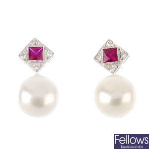 A pair of cultured pearl, ruby and diamond earrings.