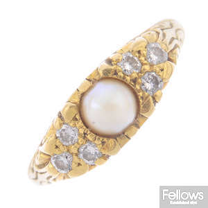 An 18ct gold diamond and cultured pearl ring.