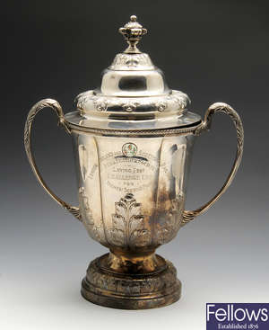 A 1930's large silver trophy cup & cover for the Fur & Feather Society.
