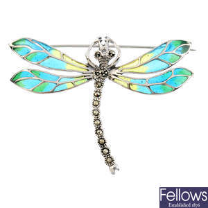 A marcasite and plique-a-jour enamel dragonfly brooch.