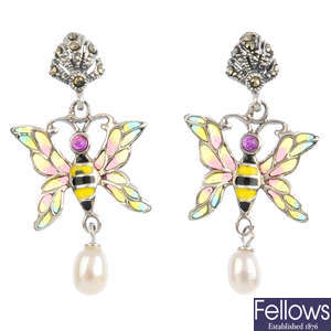 A pair of plique-a-jour enamel butterfly earrings.