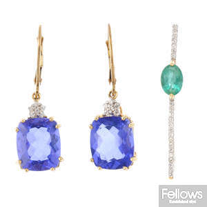 A 9ct gold gem-set pendant and a pair of gem-set earrings.