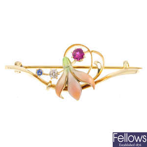 An early 20th century 15ct gold enamel and gem-set brooch.