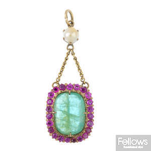 An emerald, ruby and cultured pearl pendant.