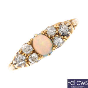 A late Victorian 18ct gold opal and diamond ring.