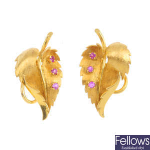 A pair of 1970s 18ct gold ruby clip earrings.
