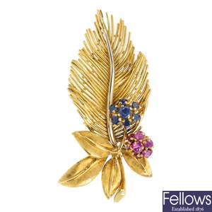 A 1980s 18ct gold sapphire and ruby spray brooch.