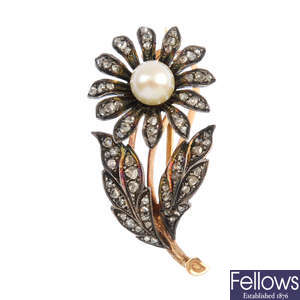 A cultured pearl and diamond brooch.
