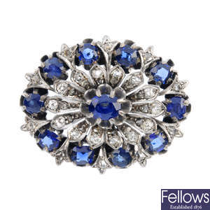 A late 19th century silver and 9ct gold sapphire and diamond cluster brooch.