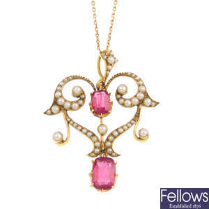 An early 20th century gold tourmaline and spilt pearl pendant, with an 18ct gold chain.