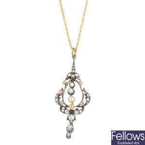 A late Victorian silver and gold diamond and cultured pearl pendant.