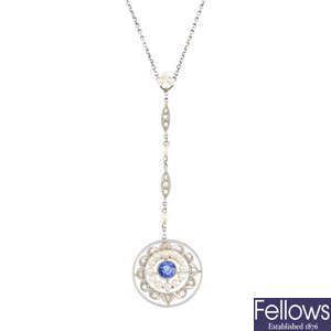 An Edwardian platinum, sapphire, diamond and seed pearl necklace.
