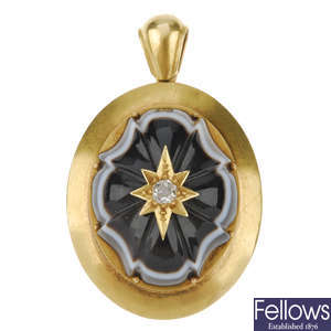 A late Victorian 18ct gold banded agate and diamond memorial pendant.