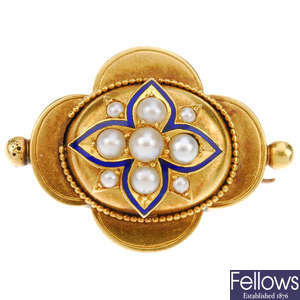 A late Victorian gold pearl and enamel brooch.