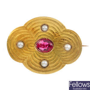A ruby and cultured pearl brooch.