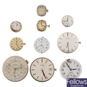 OMEGA - a group of eight watch movements with a Longines and chronograph watch movement.