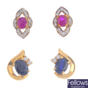 Four pairs of 9ct gold diamond and gem-set earrings.