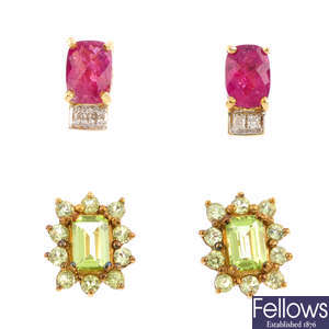 Five pairs of 9ct gold gem-set earrings.