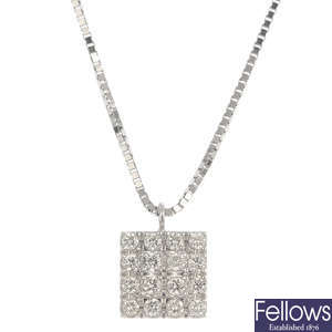 An 18ct gold diamond cluster pendant, with chain.