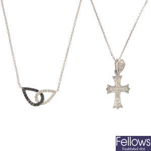 A diamond cross pendant, with chain, together with a diamond and black gem necklace.