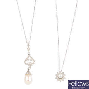 Three diamond and cultured pendants and a cultured pearl single-row necklace.