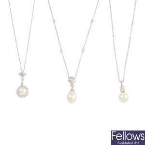 Four cultured pearl and diamond pendants, with 18ct gold chains.