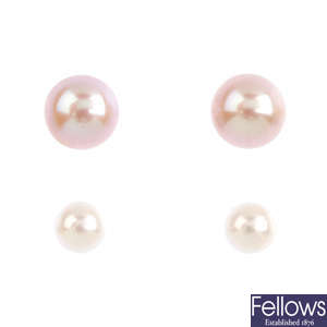An 18ct gold cultured pearl necklace and three pairs of cultured pearl stud earrings.