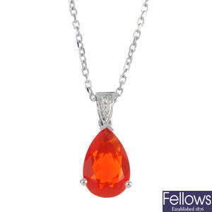 A fire opal pendant, with 18ct gold chain.