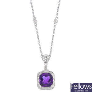 An 18ct gold amethyst and diamond pendant, on a chain.