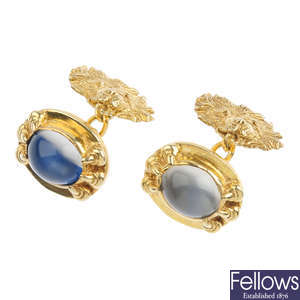 (188702) A pair of moonstone gold plated silver cufflinks.