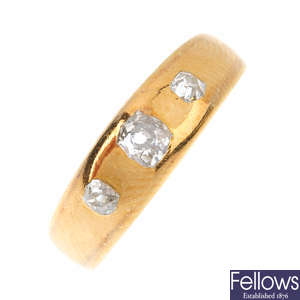 A 1920's 18ct gold diamond three-stone ring.