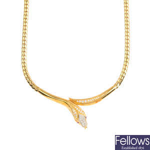 An 18ct gold diamond snake necklace.