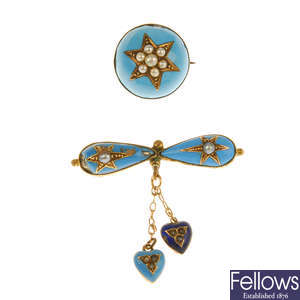 Two late 19th century split pearl and enamel brooches.