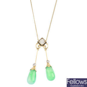 A diamond and jade negligee pendant, on chain.