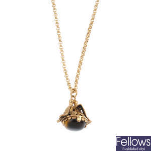 A 9ct gold tiger's-eye pendant, with chain.