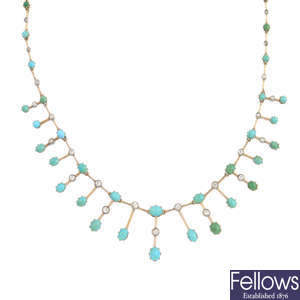 A late Victorian gold, turquoise and diamond fringe necklace.