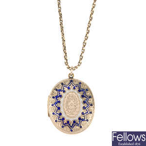 A late 19th century gold front and back enamel locket and a 9ct gold chain, together with a costume jewellery necklace.