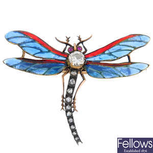 A late Victorian diamond and plique-a-jour enamel dragonfly brooch.