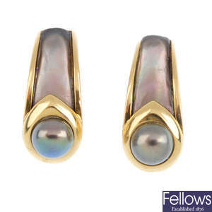 A pair of 14ct gold cultured pearl and mother-of-pearl earrings.