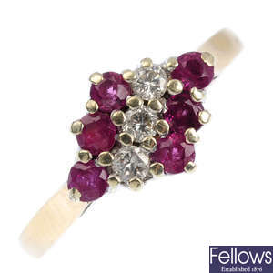 A 9ct gold diamond and ruby dress ring.