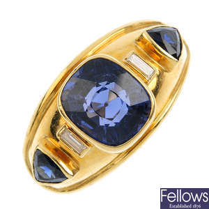 An 18ct gold spinel, sapphire and diamond ring.