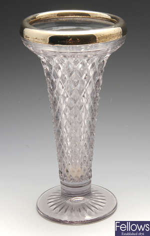 A 1920's silver mounted glass vase, a 1920's silver topped powder pot, etc.