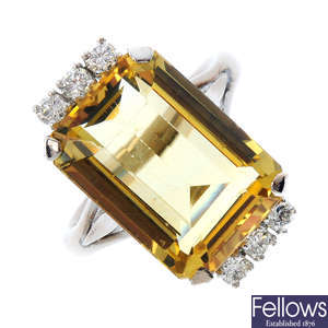 A mid 20th century gold heliodor and diamond cocktail ring.