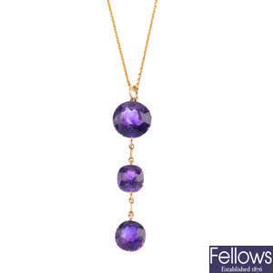 An amethyst pendant, with early 20th century 15ct gold chain.