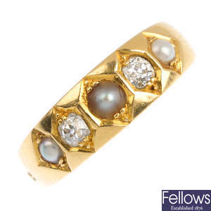 A late Victorian 18ct gold split pearl and diamond five-stone ring.