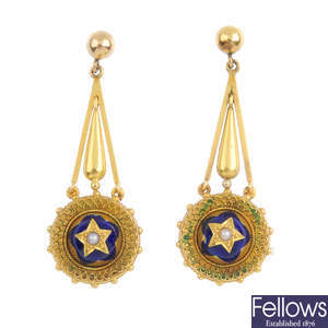 A pair of mid Victorian gold enamel and split pearl earrings.
