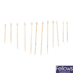 A cased set of early 20th century 9ct gold cultured pearl pins.