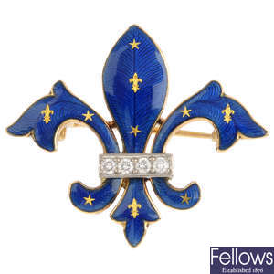 A late Victorian diamond and enamel brooch.
